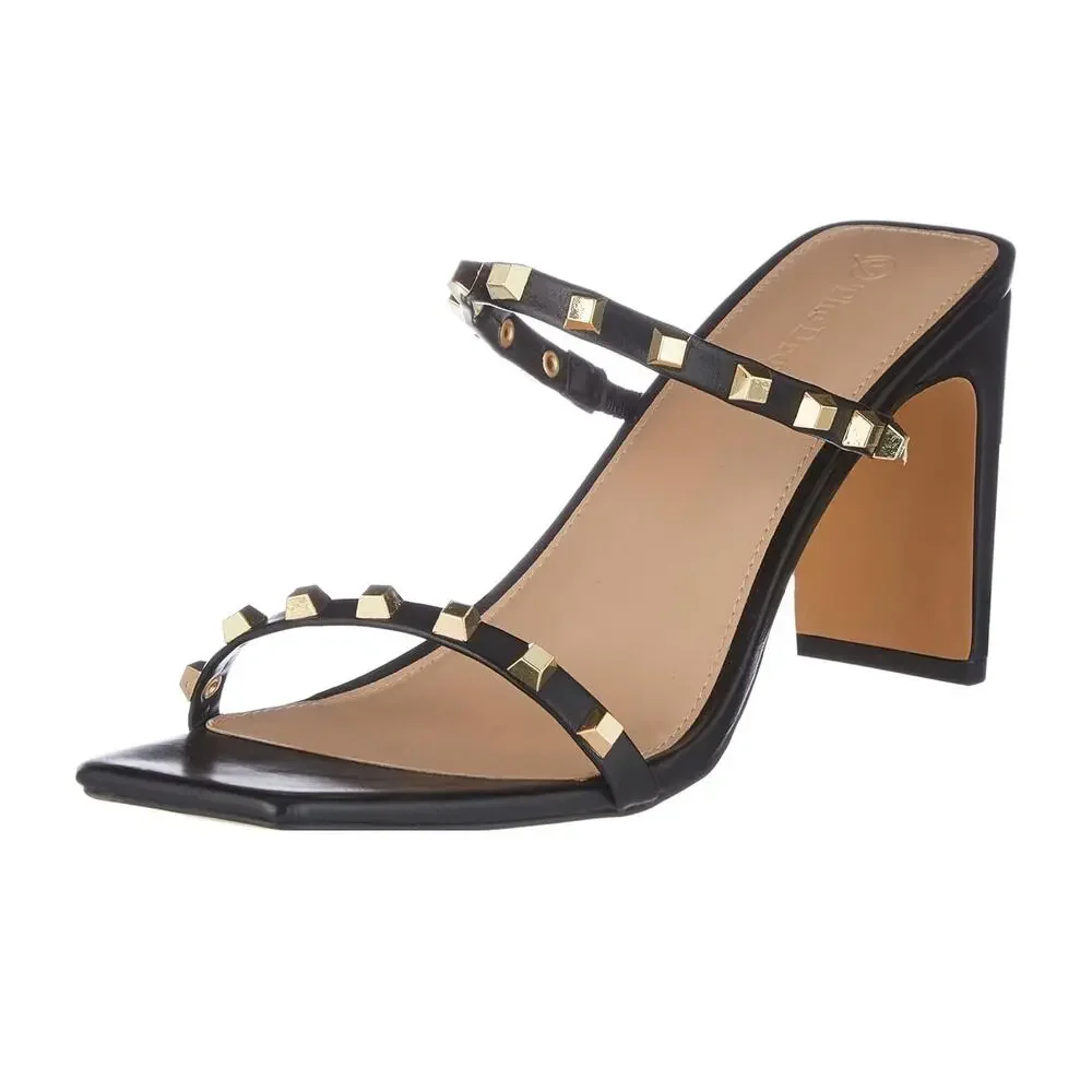 The Drop Women's Avery Black Studded Square Toe Two Strap High Heels